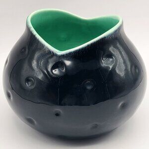 Royal Haeger Vintage MCM 1960s Black Green High Gloss Frog Mouth Dimpled Vase